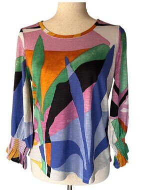 Chico's Slub Top Small Abstract Print 3/4 Sleeve Round Neck Art To Wear NWT